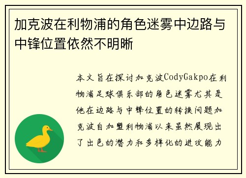 加克波在利物浦的角色迷雾中边路与中锋位置依然不明晰 加克波在利物浦的角色迷雾中边路与中锋位置依然不明晰